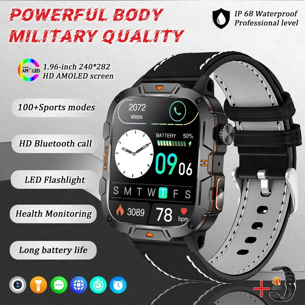 2025 New Military Grade Smart Watch Men 1.96" AMOLED Screen 5ATM Waterproof Simming Sports Fitness Tracker BT Call Smartwatches - Urbizia