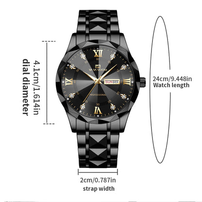 Men Watch Water Diamond Luxury Night Glow Double Calendar Quartz Movement 41mm Blue Gold Stainless Steel Fashion Business Watch