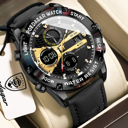 POEDAGAR Top Fashion Man Clock Waterproof Electronic LED Luxury Men's Watches Dual Time Display Digital Leather Men Quartz Watch