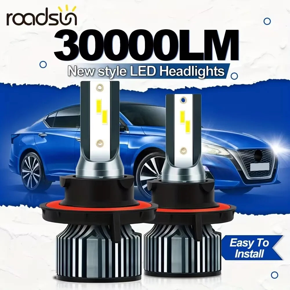 Roadsun 2pcs H13 9005/HB3 9006/HB4 H1 H4 H7 H11 High Low Beam LED Car Headlights, 30000LM 300W 6500K White Two-side CSP Chip