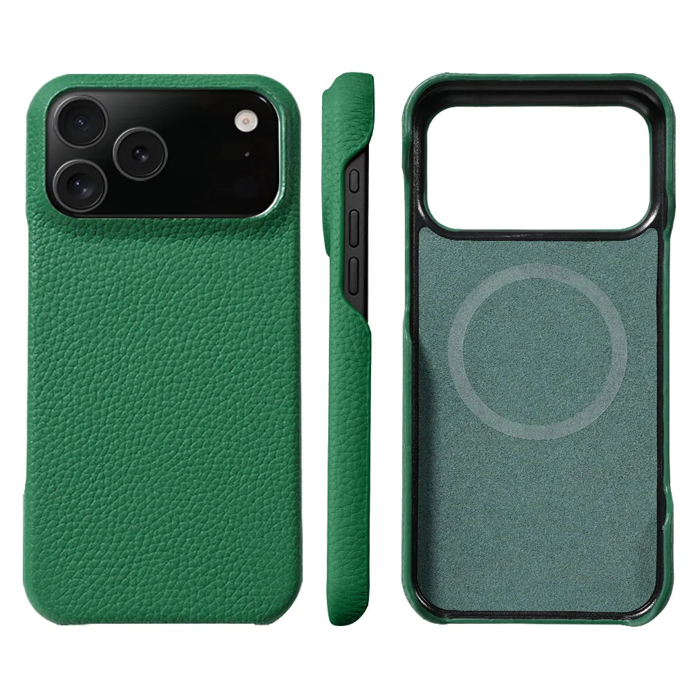 for Magsafe Case for iPhone 17 15 16 18 Pro Max Air Lychee Natural Cowhide Leather Magnetic Protector Luxury Phone Back Cover