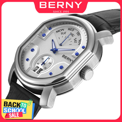 BERNY Tonneau Classic Men's Watch Quartz Luxury Top Watches Ronda 7004N Day Stainless Steel Sapphire Pendulum Dial Watch for Men