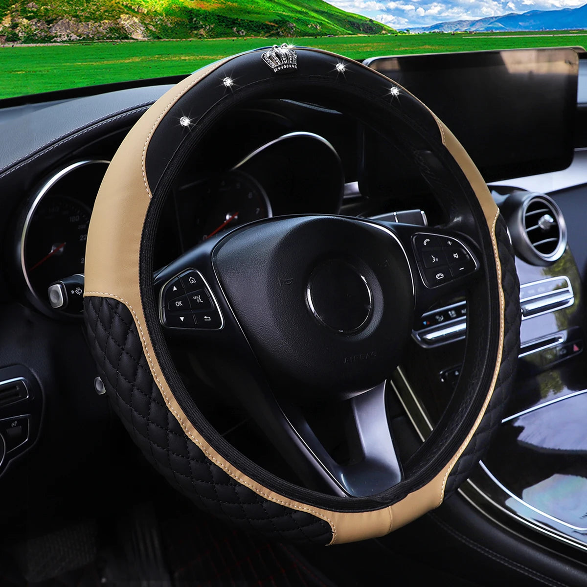 Pu leather diamond-encrusted crown Blingbling car rimless steering wheel cover suitable for 14.5 - 15 inch car accessories
