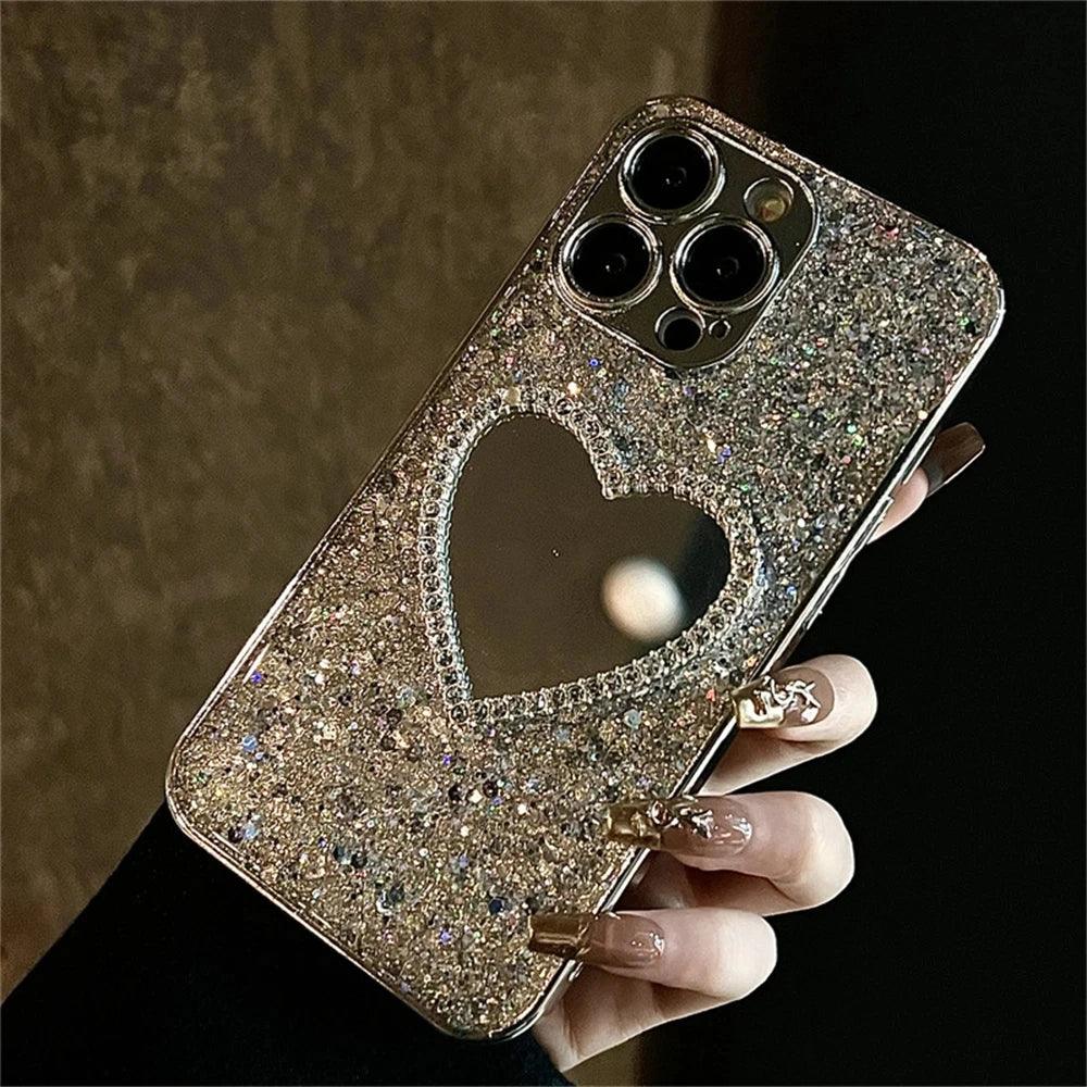 iPhone Glitter Heart Mirror Case with Lens Guard