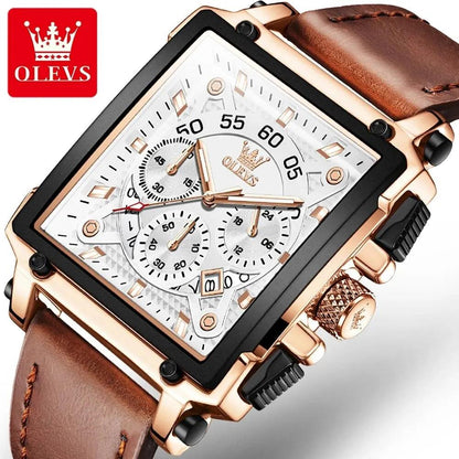 OLEVS 9919 Men Watch Fashion Square Dial Leather Strap Chronograph Waterproof Sports Clock Luxury Original Quartz Wristwatch Man