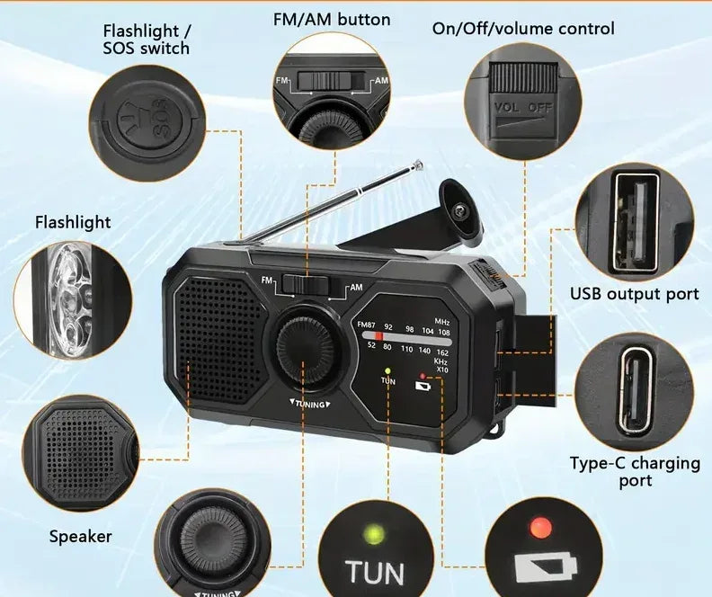 multifunctional solar hand crank dynamo charging AM FM Radio with torch.SOS alarm, outdoor camping Hike emergency power bank - Urbizia