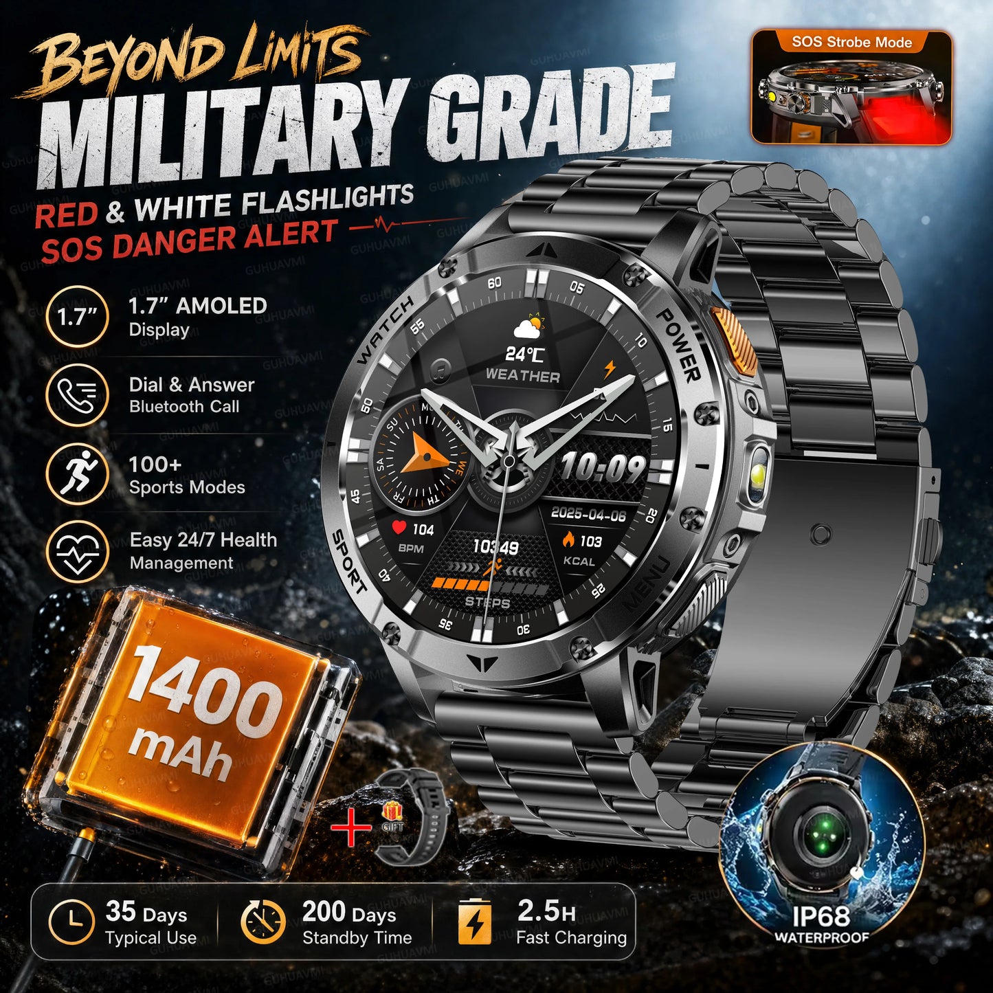 2026 New Military Outdoor Smart Watch Men 10ATM Waterproof Diving Heart Rate Monitor LED Flashlight Bluetooth Call Fitness Watch