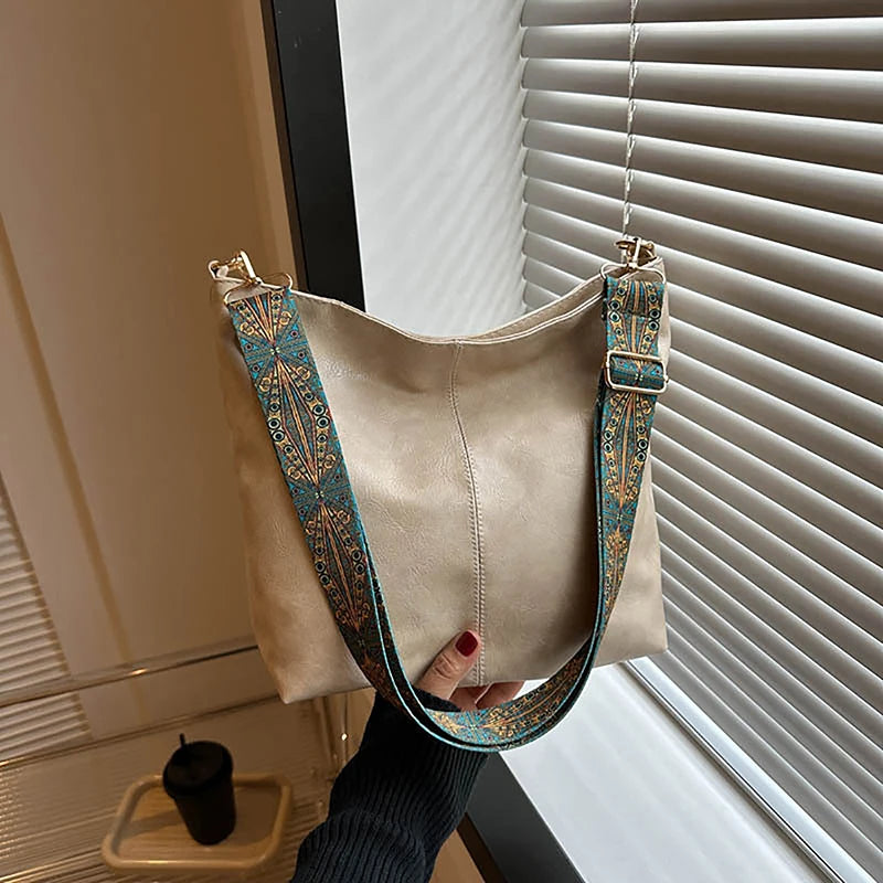 Wide Geometric Strap Shoulder Bag Large Capacity Crossbody Bags For Women,Retro Pu Leather Women's Bag For Shopping Travel