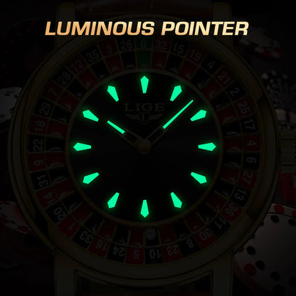 LIGE Fashion Men Watch Rotating Dial Las Vegas Roulette Desktop Theme Watch Men Waterproof Luminous Clock Watches Creative Clock