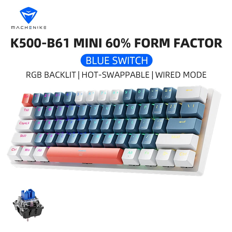 K500-B61 Machenike Mini Mechanical Keybaord 60% Form Factor 61Keys Gaming Keybaord Wired Full Key Hot-Swappable RGB Backlit