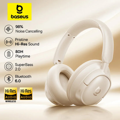 Baseus Bass Wireless Headphones Bluetooth 6.0 98% Noise Canceling Over Ear Headset Spatial Audio Earphone 80H Time