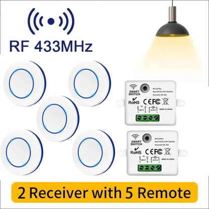 RF 433MHz Wireless  10A Relay Receiver Remote Control Light Switch 220V 110V Mini Round Button Wall Panel Switch For LED Lamp