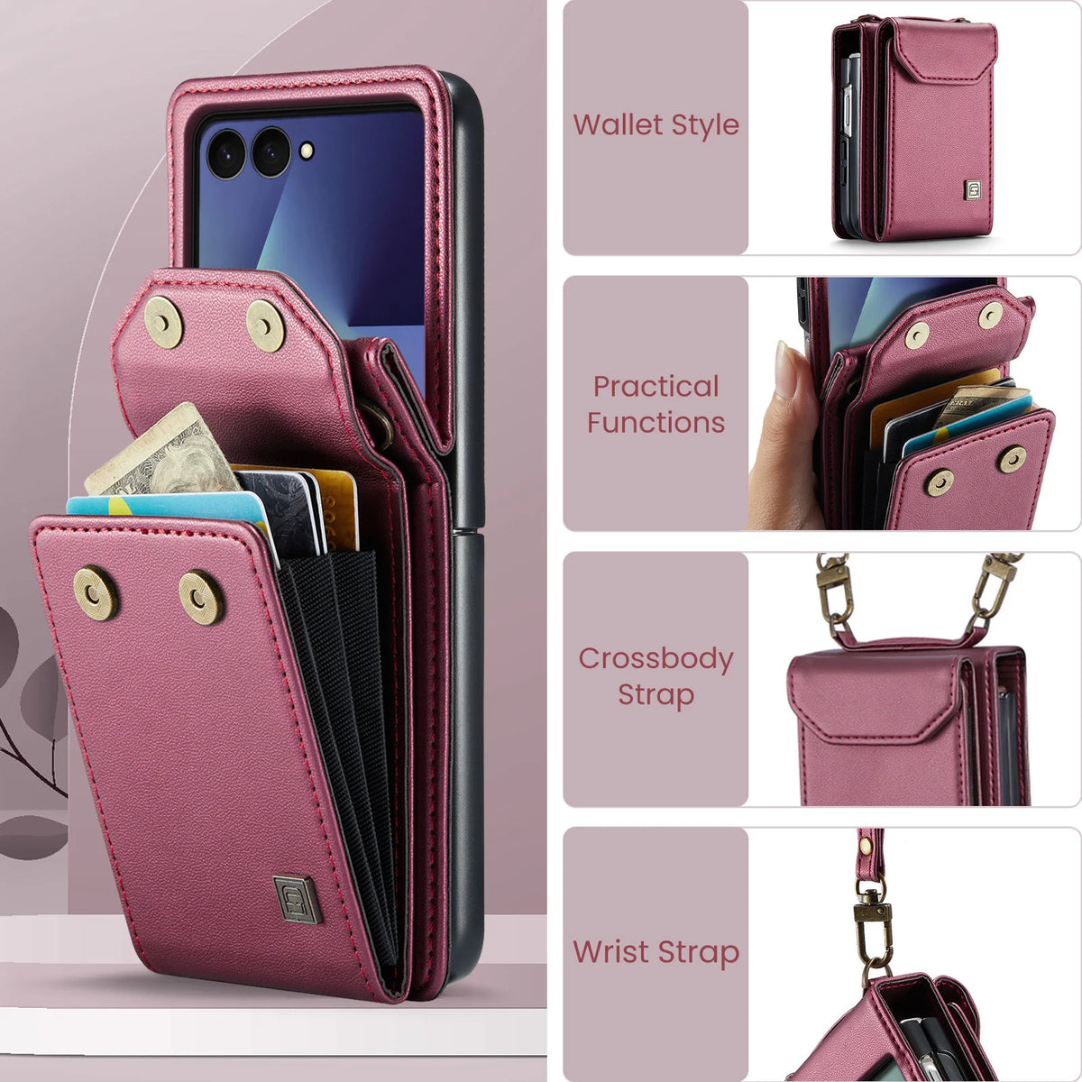 Premium Leather Wallet Card Slots Case for Samsung Galaxy Z Flip7 Flip6 Flip5 Flip7FE Lanyard Crossbody Fashion Protective Cover