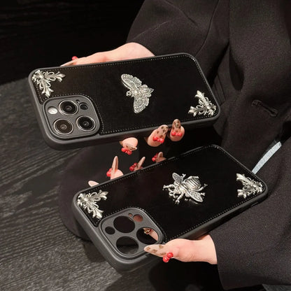 Luxury Gothic High Grade Leather Phone Case for IPhone 16 15 14 13 12 11 Pro Max Fashion Trends Metal Honeybee Protection Cover