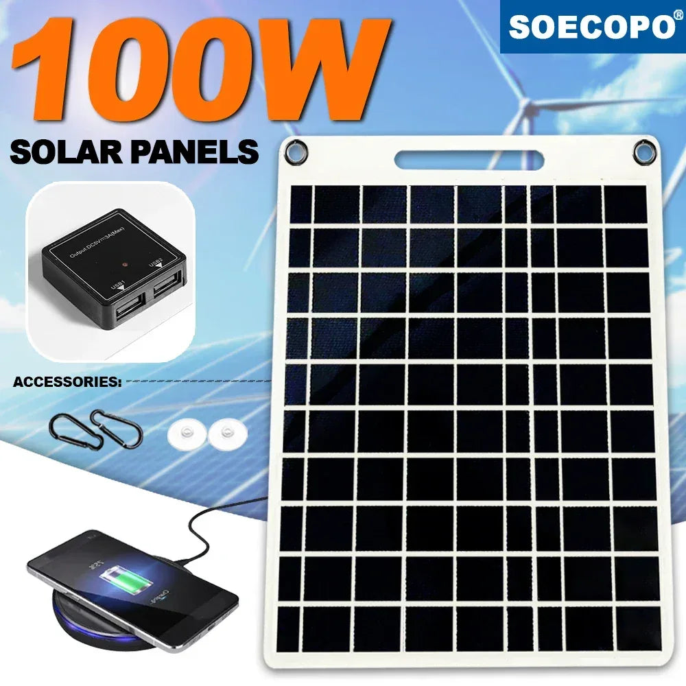 100W Solar Charger with Dual USB Ports, Waterproof & Portable Solar Panel for Outdoor Camping, Hiking, Emergency Devices - Urbizia