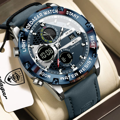 POEDAGAR Top Fashion Man Clock Waterproof Electronic LED Luxury Men's Watches Dual Time Display Digital Leather Men Quartz Watch