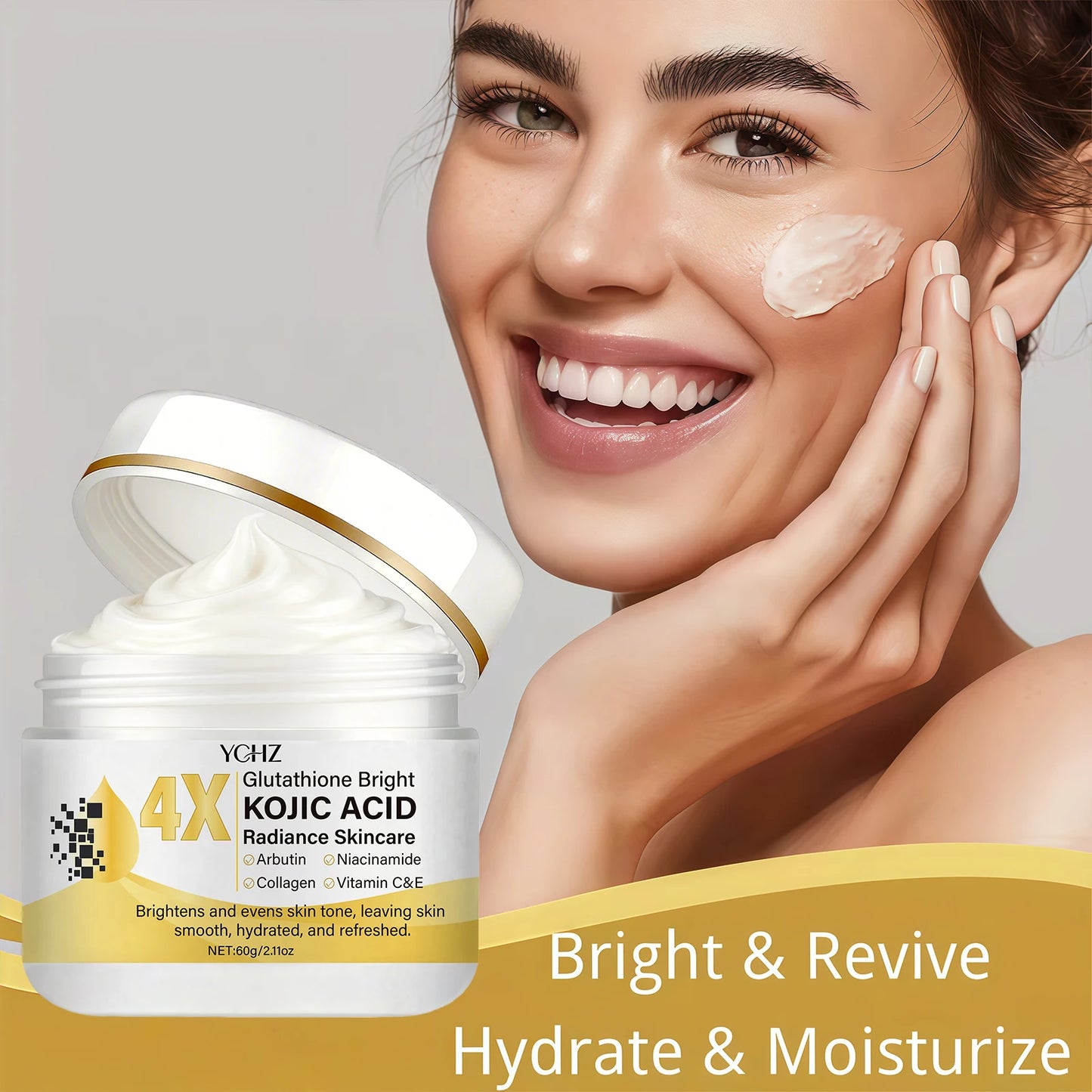 Kojic Acid Face Cream, Evens Out Skin Tone, Eliminates Dark Spots and Dullness - Non-Greasy, Suitable for Both Men and Women - Whitening and Moisturizing Cream, for Day and Night Use - 60g