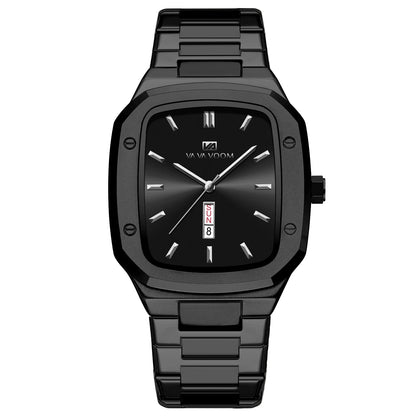2024 New Men Watch Fashion Square Stainless Steel Strap Blue Gold 3Bar Quartz Week Calendar Simulated Business Sports WristWatch