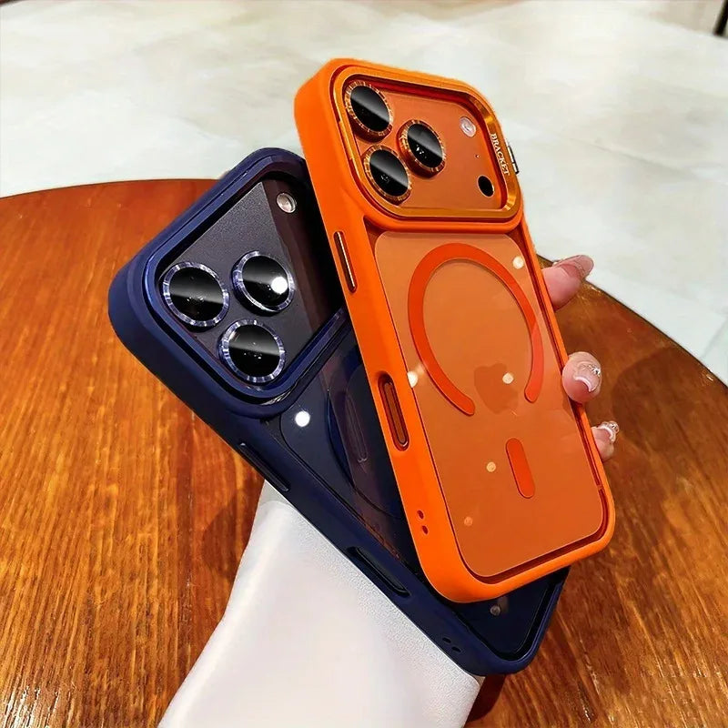 Luxury Magnetic Wireless Charging Lens Holder Case For iPhone 17 16 15 14 13 Pro Max Acrylic Shockproof Armor Transparent Cover