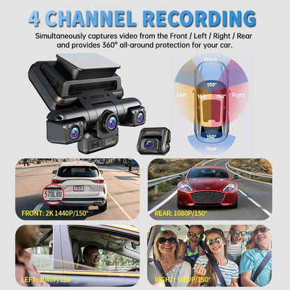 XUOIB I9pro-WB 4CH 360° Dash Cam 4K with 4'' Touch Screen Dash Car Camera 24H Parking Mode WiFi GPS Car DVR 8 IR Night Vision