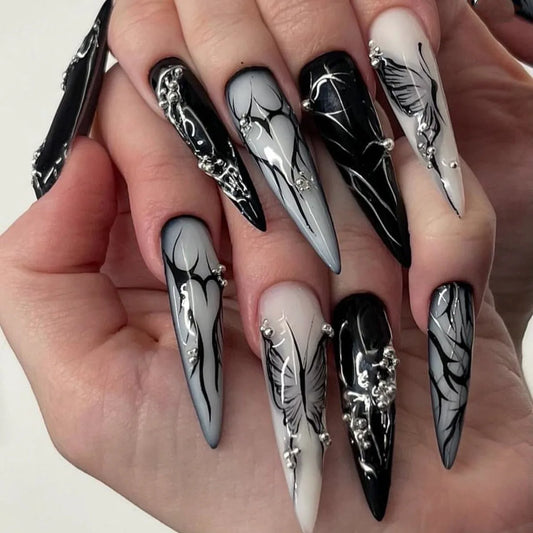 24Pcs Black Y2K Fake Nails with Diamond – Long Almond Butterfly Design Halloween Press-on Nails