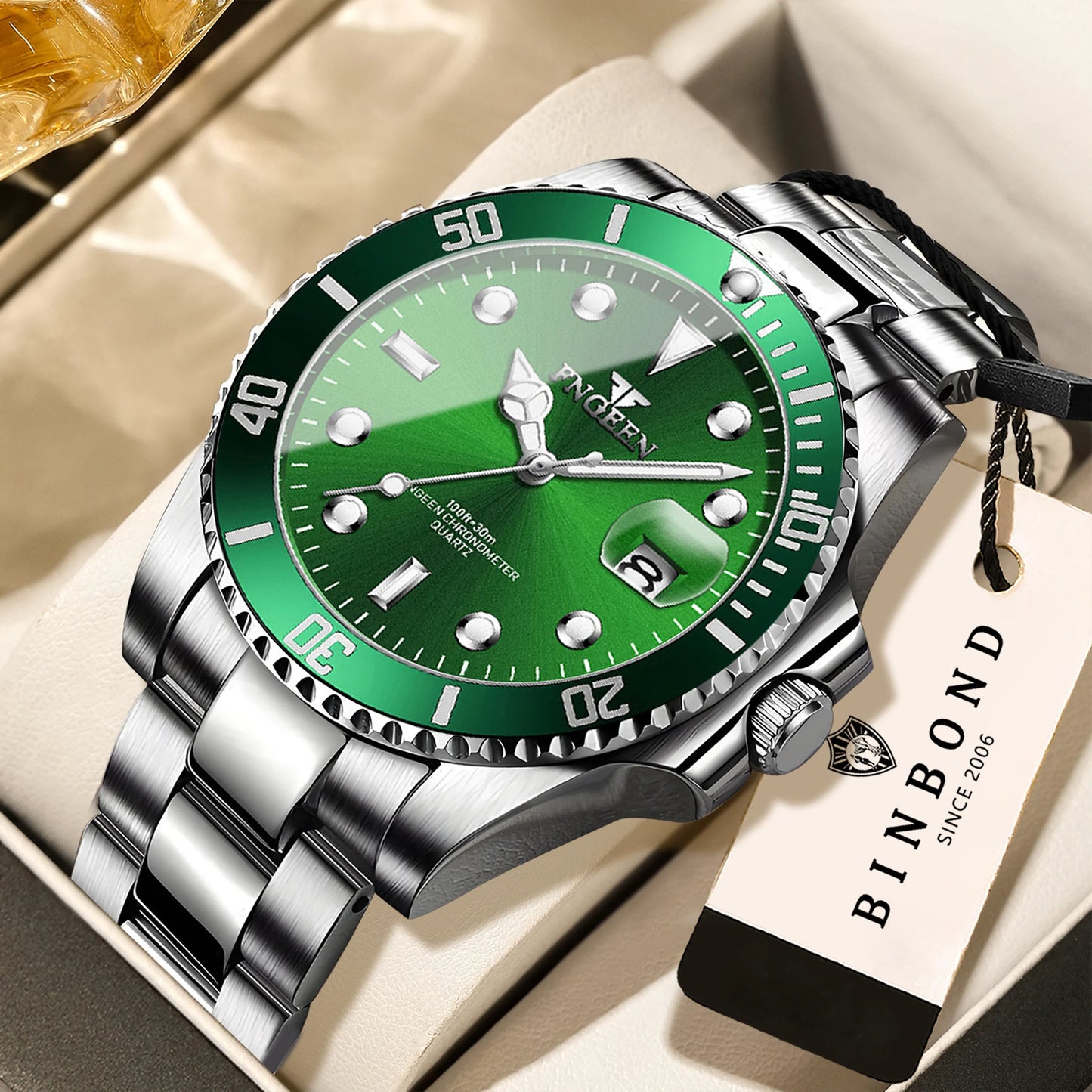 BINBOND Durable Stainless Steel Strap Precise Quartz Wristwatches for Men Luxury Luminous Waterproof Auto Date Men's Watch Reloj