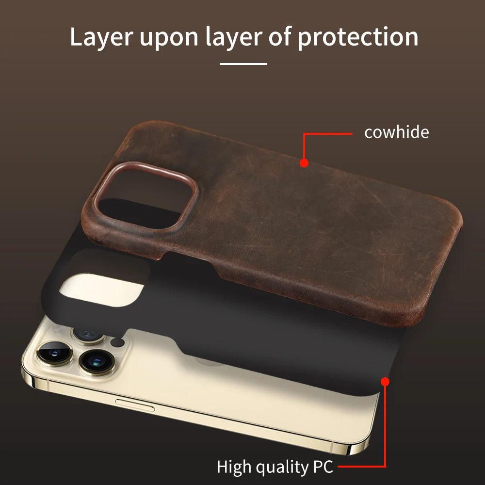 Retro Cowhide Phone Case for iPhone 17 16 15 13 14 Pro Max Air 16Pro 17Pro Luxury Crazy Horse Genuine PULL-UP Leather Back Cover