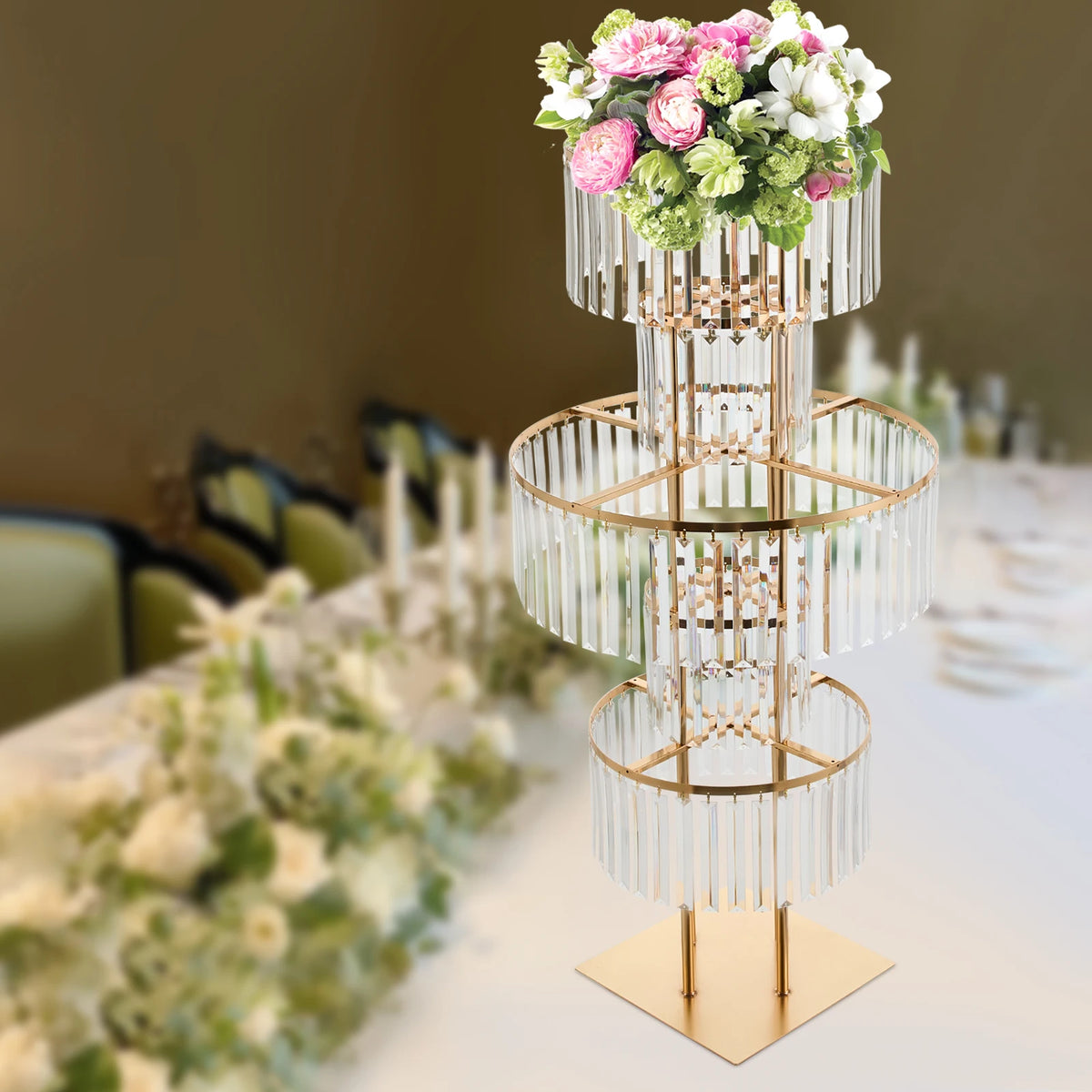 5 Tiers Gold/Silver Wedding Centerpieces Flower Stand Vase Centerpiece Acrylic Flower Stand with Hanging Acrylic