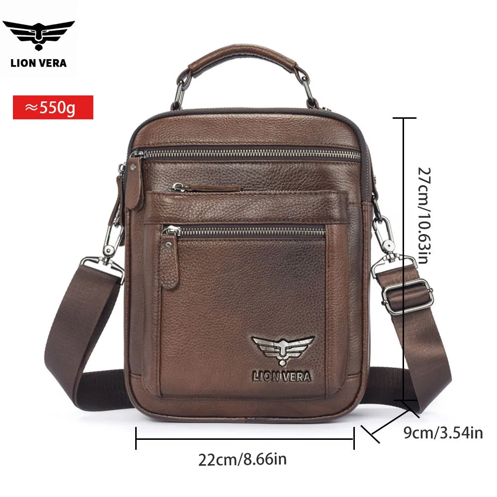 LION VERA Men's Shoulder Bag Casual Mobile Phone Zipper Bag Large Capacity Business Genuine Leather Travel Crossbody Bag