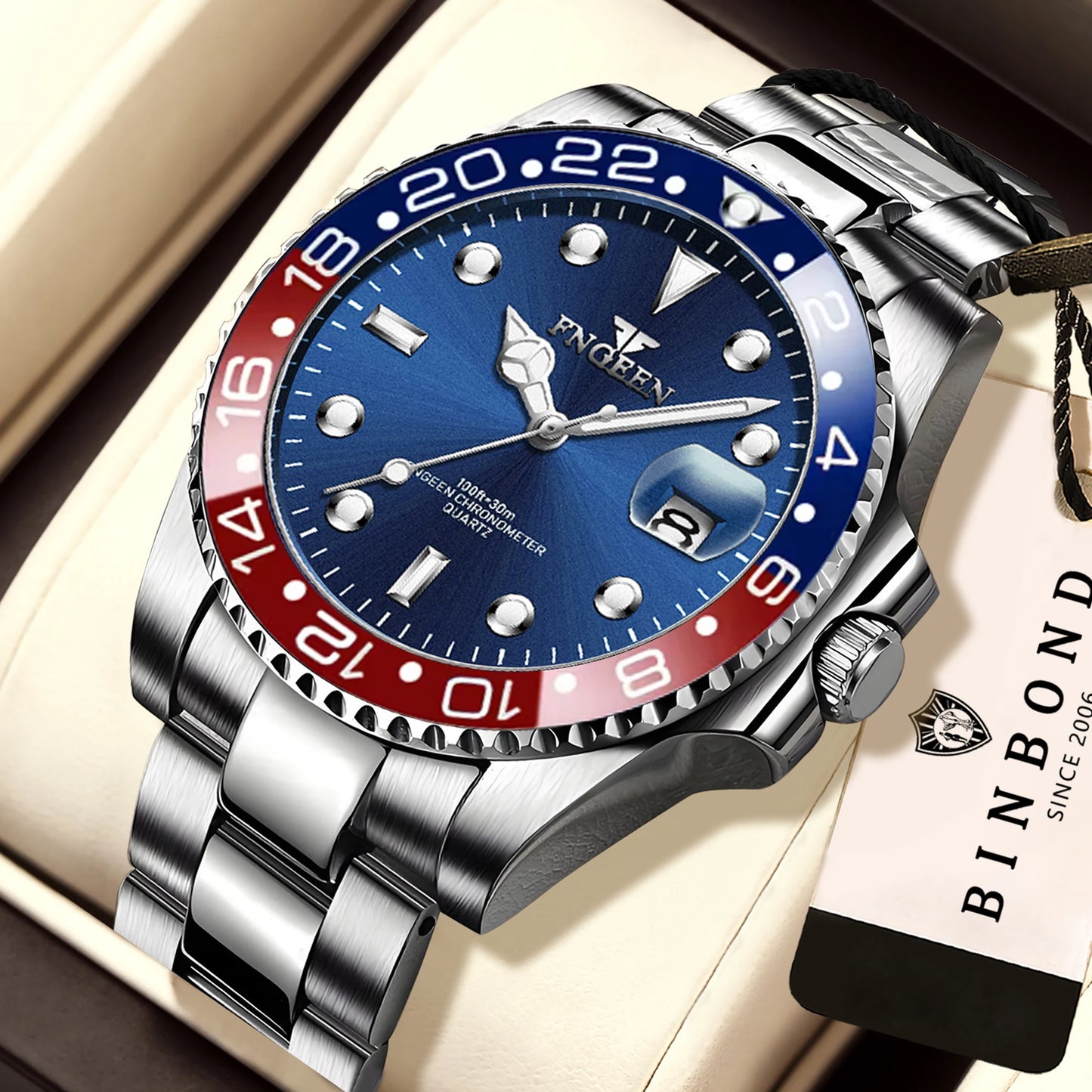 BINBOND Durable Stainless Steel Strap Precise Quartz Wristwatches for Men Luxury Luminous Waterproof Auto Date Men's Watch Reloj