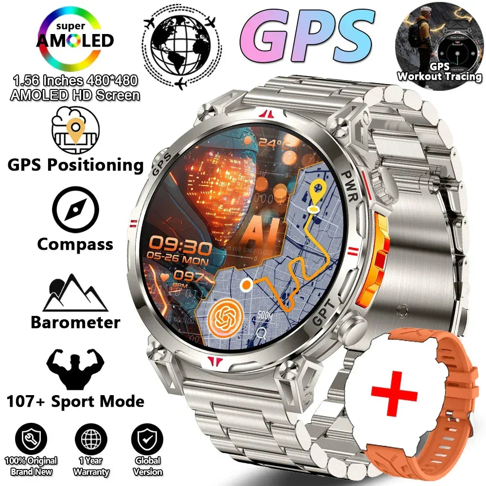 2026 New Outdoor Sports Smartwatch Men GPS Positioning 650mAh HD Call 1.56-inch AMOLED Screen Compass 5ATM Waterproof Watch Man - Urbizia