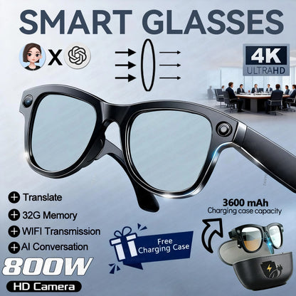 2026New 8MP 4K HD Camera AI Glasses Men 3600mAh Power Bank 32G Memory 160+ Translation Glasses Waterproof Smart Sunglasses Women