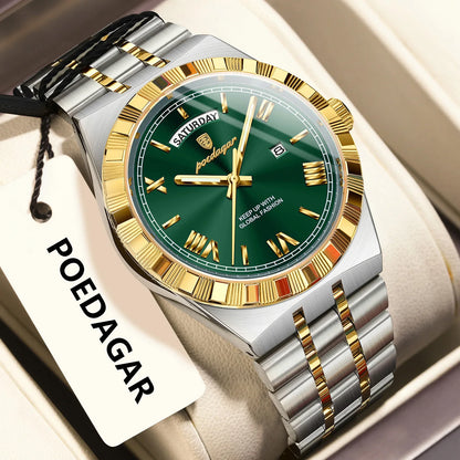 POEDAGAR Luxury Business Man Watch Week Date Waterproof Luminous Watches For Men Stainless Steel Quartz Fashion Men's Wristwatch