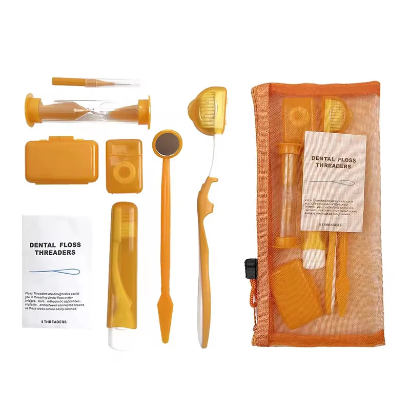 8Pcs Orthodontic Dental Care Brush Kit Teeth Cleaning Braces Toothbrush with Interdental Brush Floss Thread Ortho Wax Travel Kit