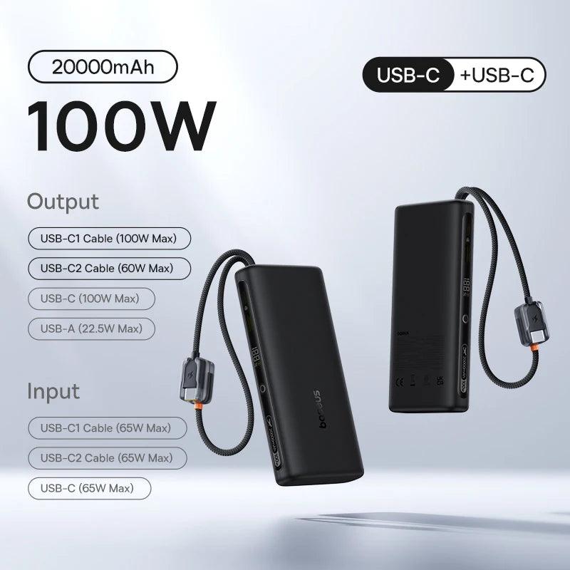 Baseus 145W Power Bank 25000mAh Fast Charging Built-In Type-C Cable Portable Battery Charger for iPhone Samsung MacBook Tablet