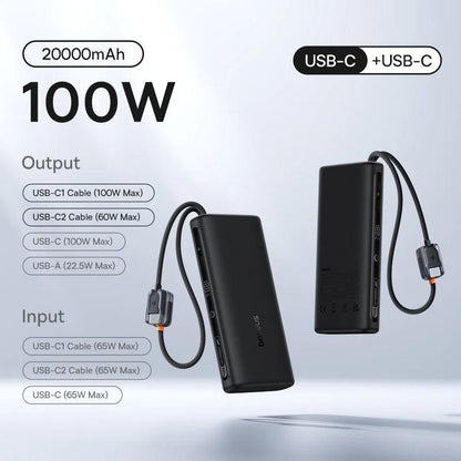 Baseus 145W Power Bank 25000mAh Fast Charging Built-In Type-C Cable Portable Battery Charger for iPhone Samsung MacBook Tablet