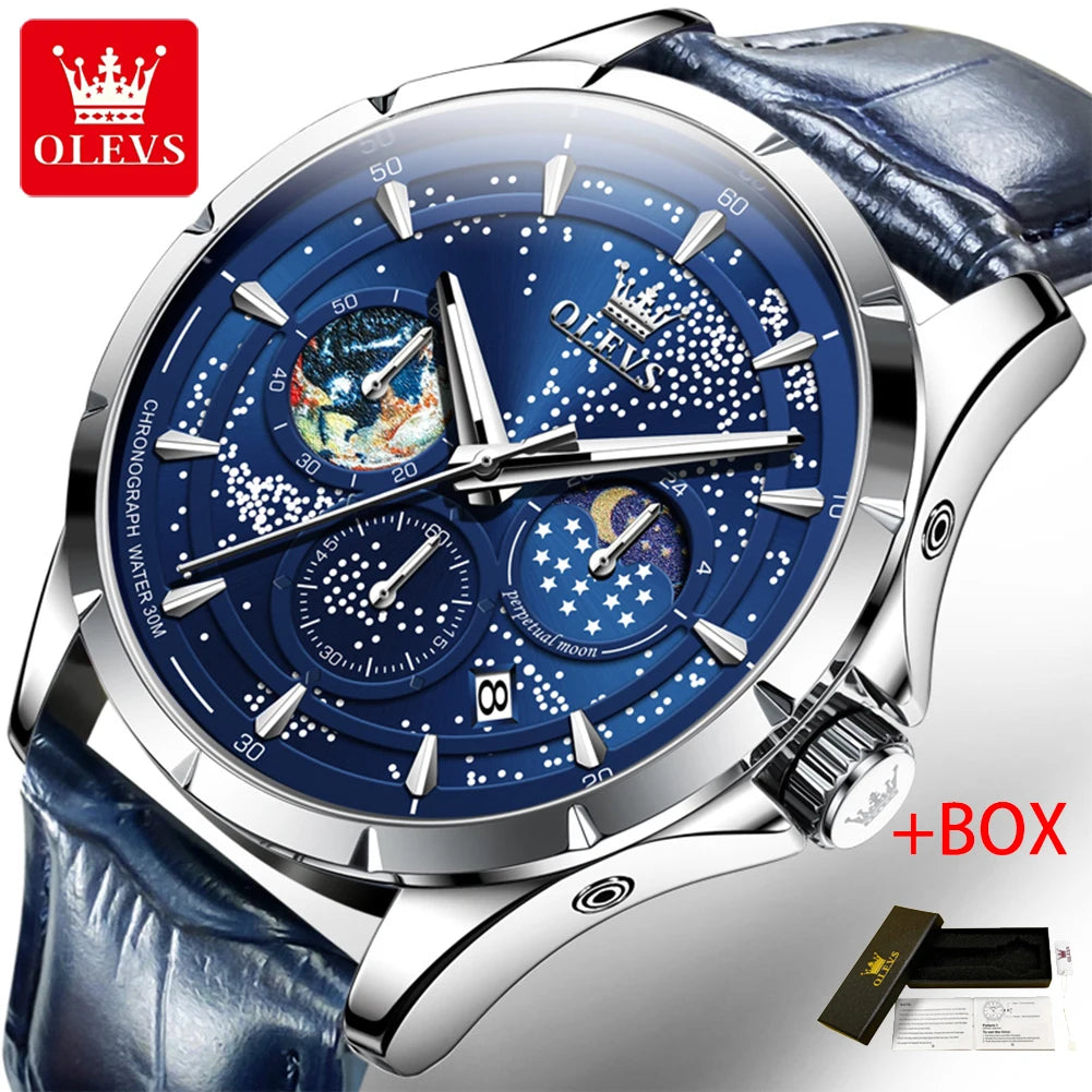OLEVS Fashion Starry Sky Green Dial Quartz Watch for Men Multifunction Moon Phase Luminous Chronograph Watches Relogio Masculino