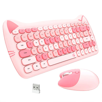 GEEZER Wireless Connection Cute Cat Shape Mixed Color Keycaps Ergonomic Cute Cat Style Keyboard Mouse Set