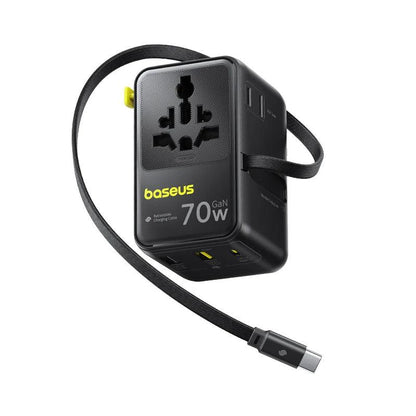 Baseus GaN Charger Universal Travel Adapter Built in 70W Retractable Cable 2AC 2 USB-A Type-C Fast Charging EU/UK/USA/AUS