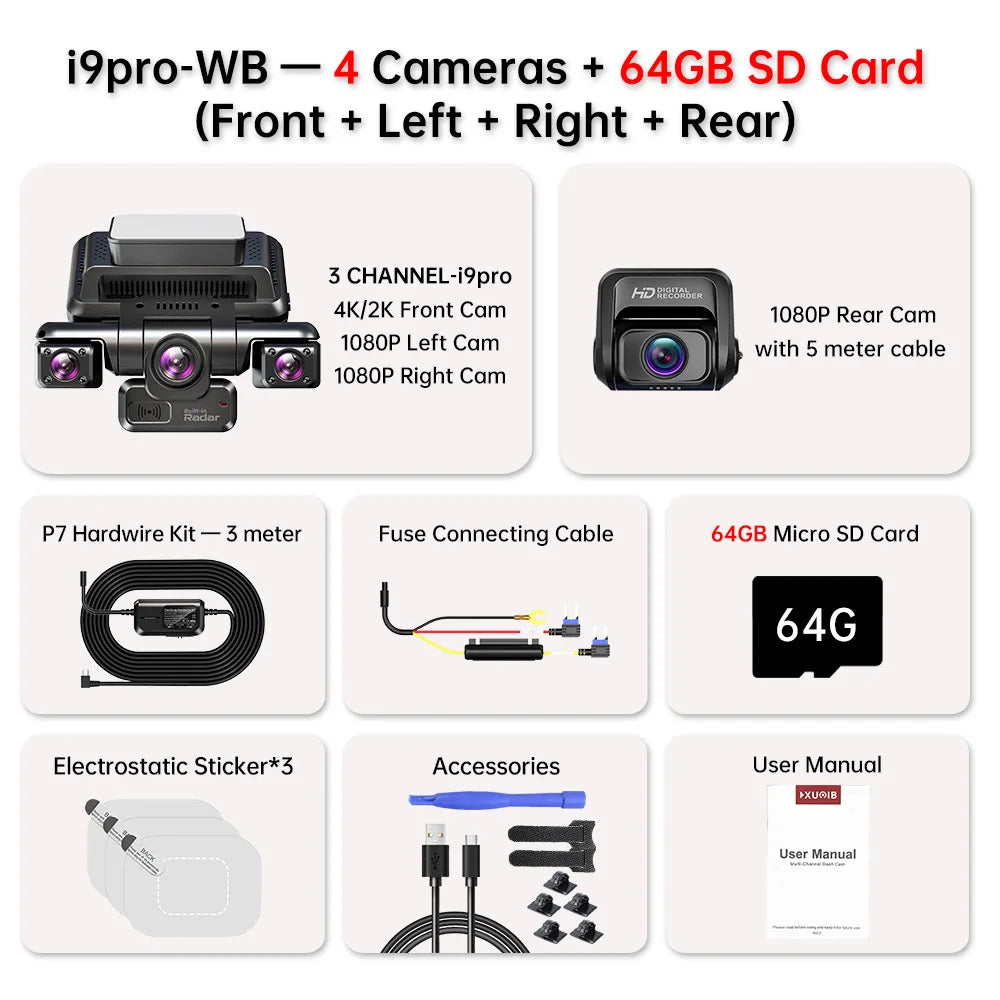 XUOIB I9pro-WB 4CH 360° Dash Cam 4K with 4'' Touch Screen Dash Car Camera 24H Parking Mode WiFi GPS Car DVR 8 IR Night Vision