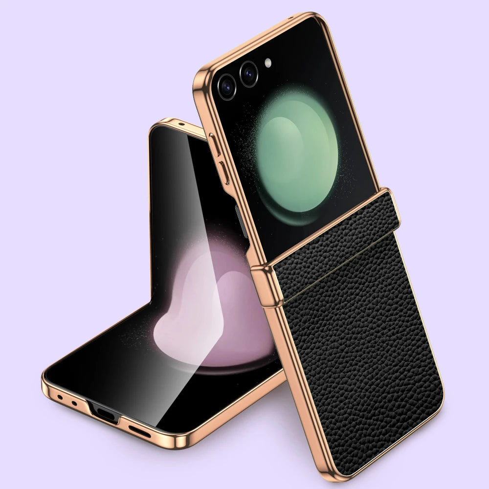 Cowhide Leather Phone Case for Samsung Galaxy Z Flip7 Flip6 Flip 7 FE 6 5 Luxury Hinge Protection Cover with Tempered Glass