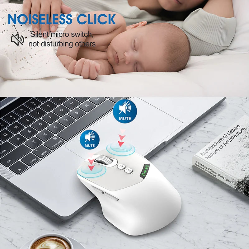 Noiseless T02 Dual Mode Wireless Mouse Bluetooth 5.0 & 2.4G, Silent Click, Large Battery Rechargeable, Battery Display