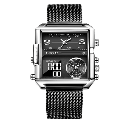LIGE New Top Brand Luxury Fashion Men Watches Gold Steel Sports Square Digital Analog Big Quartz Watch for Man relogio masculino