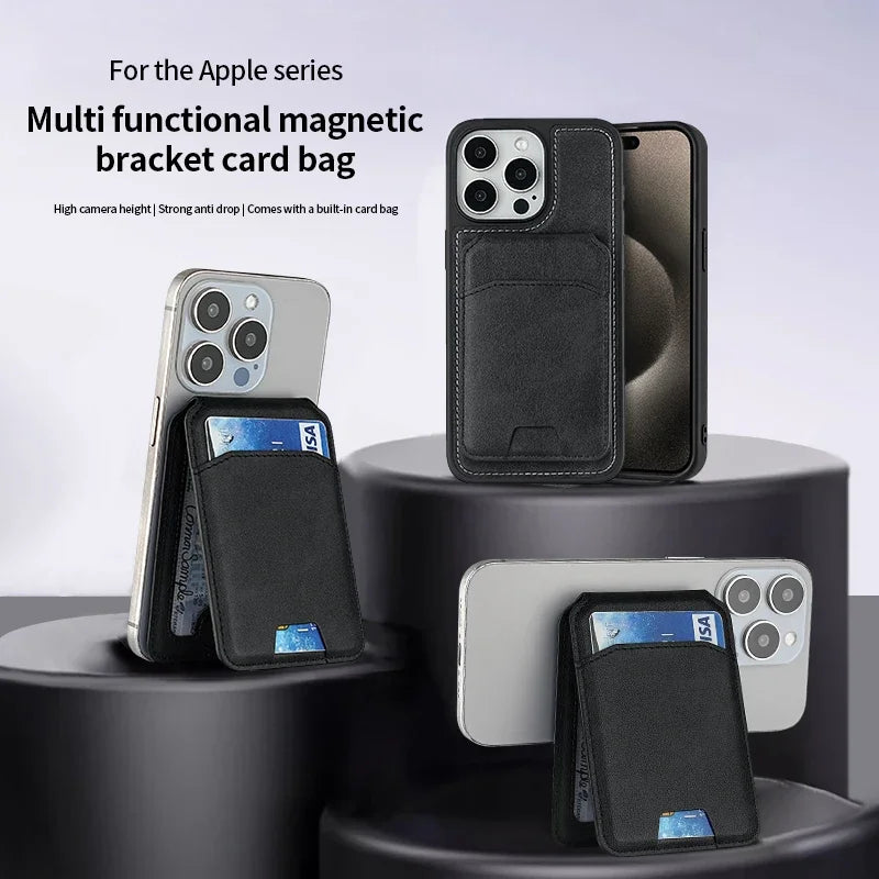Magnetic Card Holder PU Leather Phone Case with Wallet Stand Credit Card Pocket for Magsafe Apple Phone Samsung Galaxy Devices