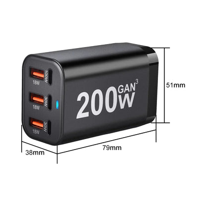 USB C Fast 200W 6-Port Charging Fast GaN Charger Power Adapter For iPhone 14/13/12 Series, Samsung Galaxy S23/S22/S21 - Urbizia