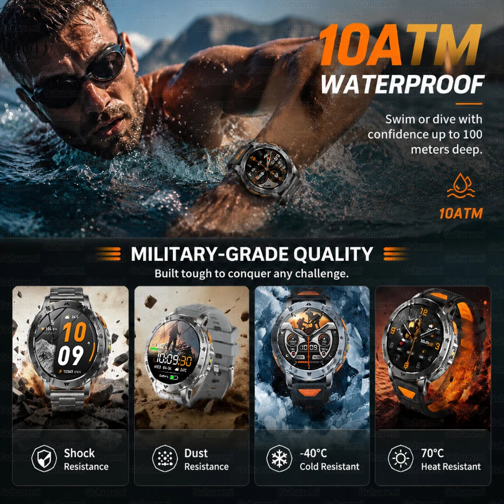 2026 New Military Outdoor Smart Watch Men 10ATM Waterproof Diving Heart Rate Monitor LED Flashlight Bluetooth Call Fitness Watch