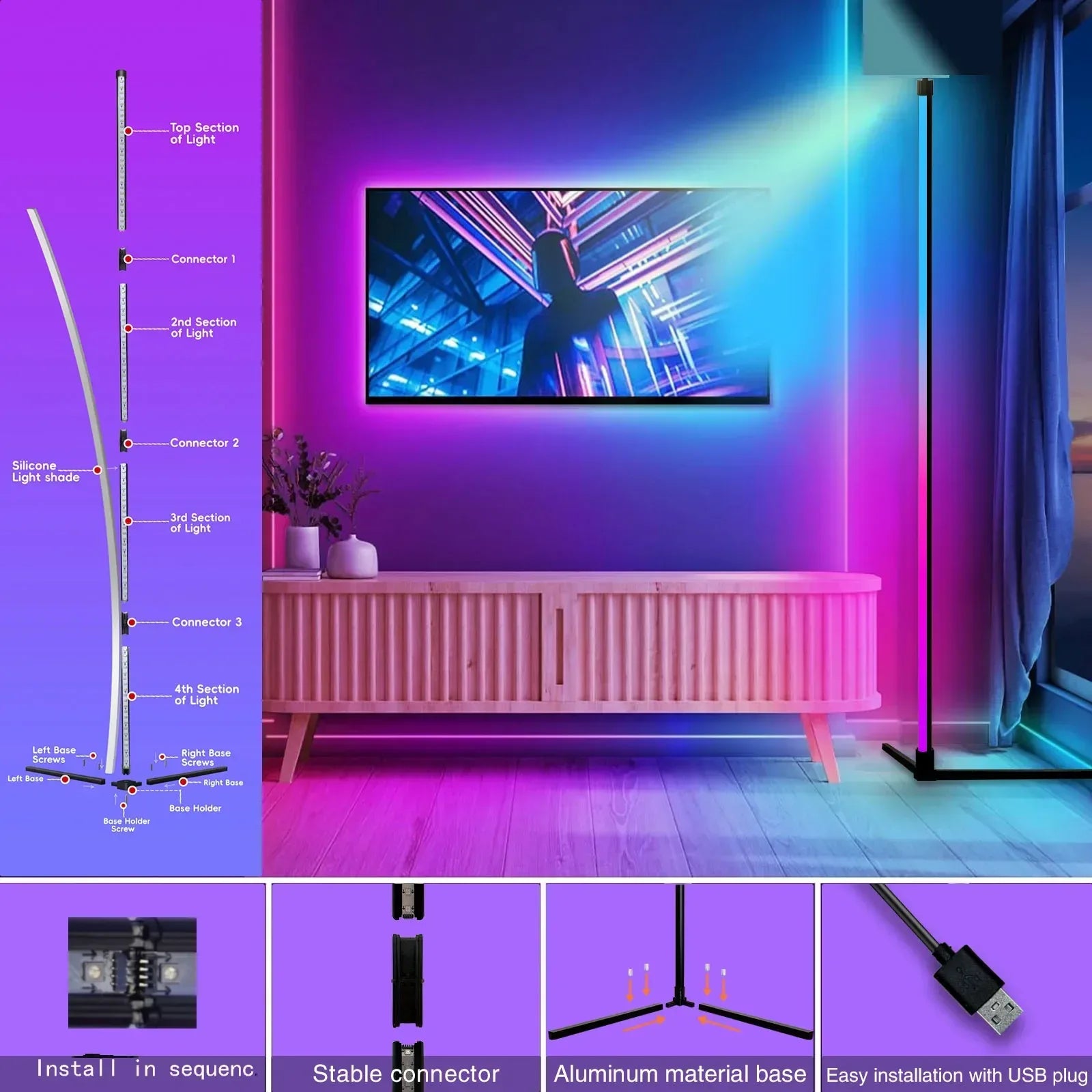 RGB Dream Color Floor Lamp with Music Sync Modern 16 Million Color Changing Standing Mood Light For Bedroom Living Room - Urbizia