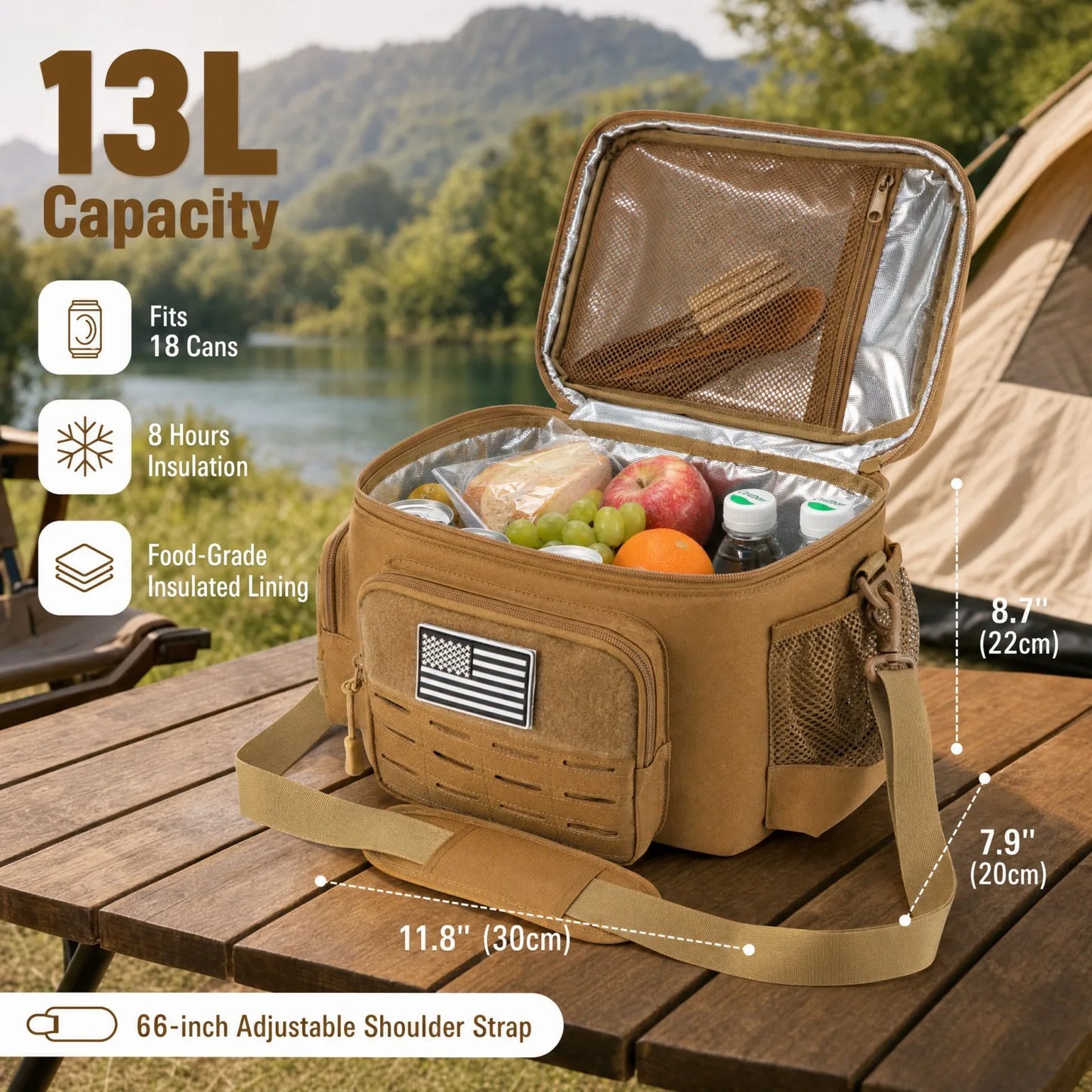 13L Tactical Thermal Cooler Lunch Bag Leakproof Insulated Durable Meal Storage Bag For Men Office Work Daily Commute Camping Picnic Fishing Outdoor Portable Insulated Food Carrier Bag