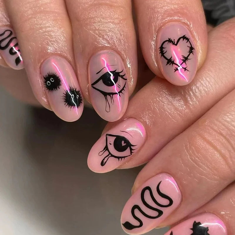 24Pcs Horror Comic Tomie Press on Nails – Almond Glossy Black Japanese Anime Nails, Reusable Halloween False Nail Tips