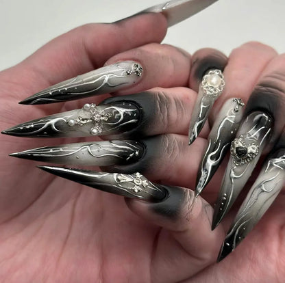 24Pcs Horror Comic Tomie Press on Nails – Almond Glossy Black Japanese Anime Nails, Reusable Halloween False Nail Tips